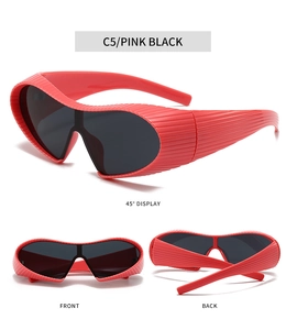 Steampunk wraparound sunglasses with bright red frames and gray lenses in multiple views