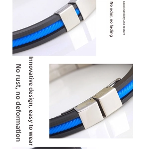 Detail showing elastic silicone band with blue spiral inlay and stainless steel buckle