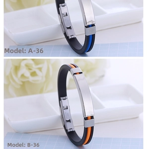 Silicone and stainless steel ID bracelets in blue and orange colors with textured bands