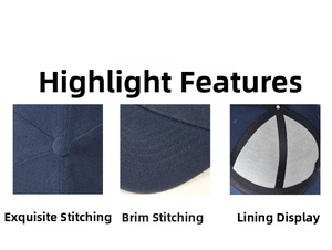 Detail of high-quality stitching, curved brim lines and inner lining on navy hip hop cap