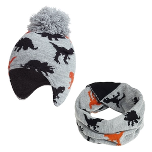 Kids Winter Knitted Hat And Scarf Fleece Lined Warm Ear Protection Dinosaur Cartoon Pom Beanie For Toddler Boys Girls