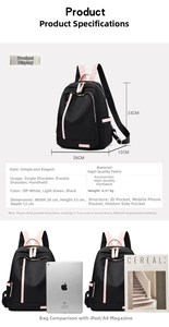 Dimensiones detalladas de la mochila de tela Oxford con comparación de iPad y tamaño A4