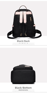 Detalle de la mochila oxford negra impermeable con bolsillo antirrobo trasero y toques rosas