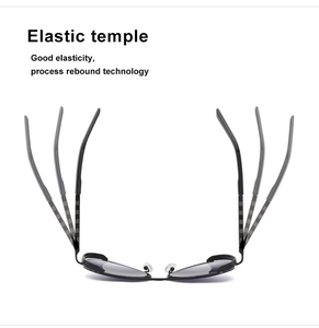 Detail showing elastic temples and rebound technology on retro black sunglasses