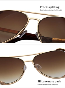 Detail view of pilot sunglasses with gold metal frame, double bridge and silicone pads