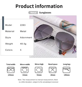 Detailed size chart and technical specifications for retro metal aviator sunglasses
