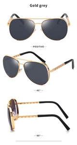 Multi-angle views of gold aviator sunglasses showing front, side, and 45-degree details