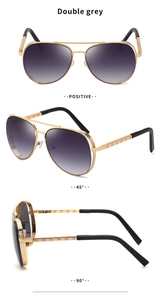 Three-way view of aviator sunglasses with gold frames and double grey gradient lenses