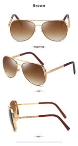 Brown gradient aviator sunglasses with gold metal frames and textured temples from three angles