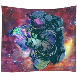 Cosmic dream tapestry with astronaut holding a glowing neon jellyfish in deep space