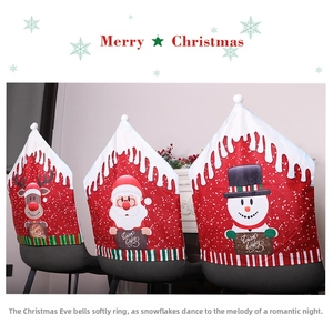 Three Christmas chair covers with Santa, Elk, and Snowman designs for festive dining decor