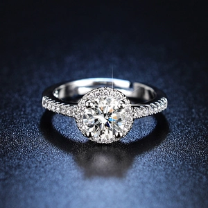 Macro shot of silver six-prong moissanite ring with brilliant star-burst sparkle effect