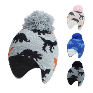 Kids knitted dinosaur earflap hat and scarf set with fleece lining and faux fur pom pom