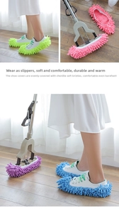 Close-up of soft chenille mop slippers in multiple colors on a wooden floor