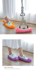 Close-up of colorful chenille mop slippers cleaning dust on a light wood floor