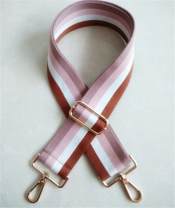 Close-up of thick striped adjustable bag strap with premium gold metal swivel hooks