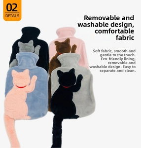 Detail of soft faux rabbit fur cat hot water bottles in multiple colors with long tails