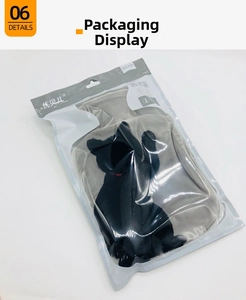 Detailed packaging view of a grey faux rabbit fur hot water bottle with cat design