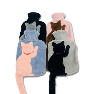 Plush cat-shaped hot water bottles in blue, pink, grey and black with soft faux rabbit fur