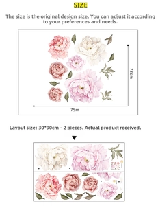 Detailed size specifications for watercolor peony wall decals, 30x90cm sheets and final layout