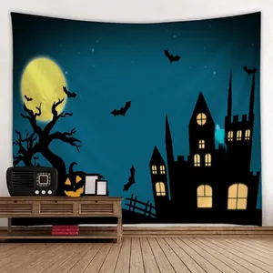 Ταπετσαρία τοίχου Halloween με σιλουέτα κάστρου και νυχτερίδες με φόντο το φεγγάρι