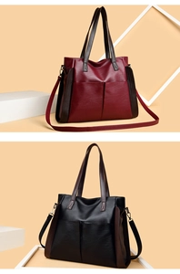 Detail view of large soft PU leather tote bags in black and wine red with dual handles
