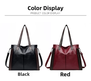 Detail view of large tote bags in black and red showing texture and front pockets