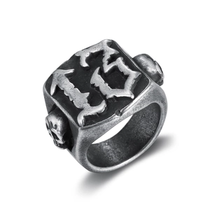 Vintage silver-tone lucky number 13 ring with side skull engravings for men and women