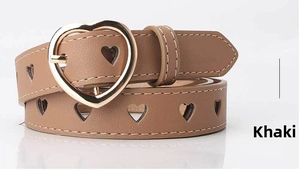 Detail of khaki heart-shaped hollow belt with gold buckle for women dresses