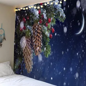 Christmas tapestry with pine cones and winter berries hanging as bedroom wall decor