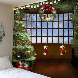 Detailed Christmas wall tapestry featuring a decorated tree, snowy window, and festive wreath