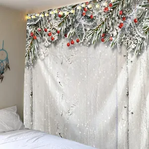 Detail of Christmas tapestry featuring snow-covered pine branches and warm fairy lights