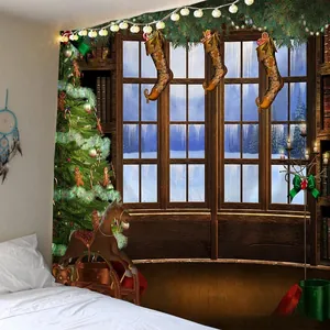Close-up of cozy Christmas wall tapestry with decorated tree and snowy window view