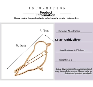 Detailed specs of bird-shaped hollow alloy hair clip in gold and silver finish