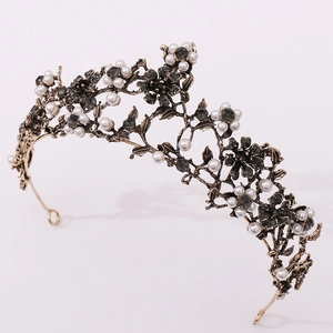 Vintage bronze bridal crown with floral leaf patterns, white pearls and dark crystals