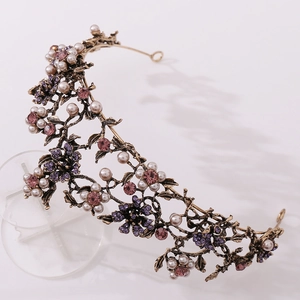 Baroque bridal crown with black diamonds and pearls on vintage floral metal frame