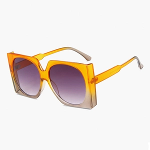 Fashionable square oversized sunglasses with orange gradient frame and purple lenses