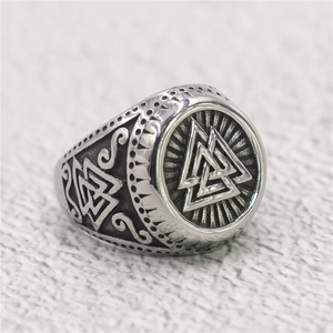 Men's vintage Valknut stainless steel Viking ring with detailed Nordic scrollwork engraving
