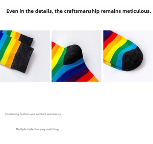 Detailed knit texture and stitching on rainbow striped cotton socks with grey accents