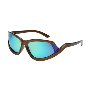 Y2K sporty semi-rimless sunglasses with wrap-around blue-green mirrored lenses