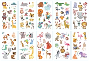 Detailed grid showing ten cute animal cartoon temporary tattoo stickers for children
