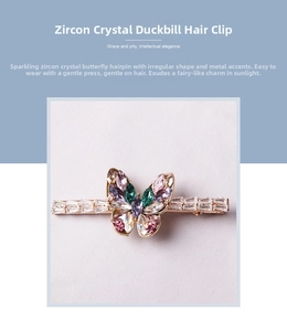 Close-up of butterfly hair clip featuring colorful zircon crystals and metallic base