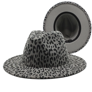 Detail view of the gray leopard print fedora hat showing interior sweatband and wide brim