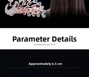 Detail of peacock hair clip with colorful rhinestones and 6.5cm alloy spring clip