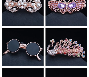 Macro shot of rose gold hair clips with rhinestones, pearls, and crystal butterfly designs