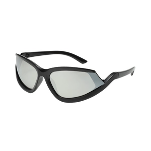 Y2K cyber-punk sports sunglasses with black contoured frame and silver lenses