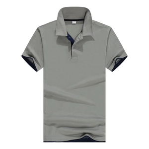 Short-sleeved men's polo shirt in light grey with navy blue contrast collar and cuffs