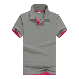 Short sleeve polo shirt in dark grey with contrasting rose red collar and sleeve details