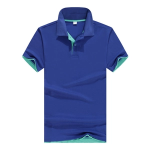 Royal blue short sleeve polo shirt with light green contrast collar and cuffs