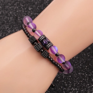Two-piece bracelet set with purple frosted beads, square moonstone, and zircon accents